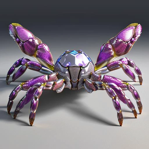 robot crab spider, Voronoi, (6 legs:1.3), shiny chrome armor plates, meadow flowers stones rock ground surface, huge armor, sci-fi, octane renderer, (top side view:1.4)