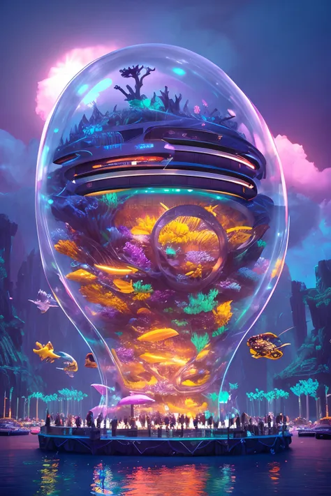 epic fantasy concept, a modern transparent building at night as a huge aquarium containing marine lifeforms, pretty colorful lights decorations, wide shot, 8k octane render, photorealistic, cinematic lighting, detailed building, detailed fish