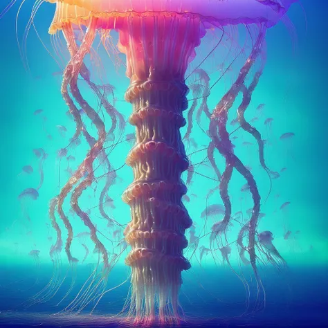stalenhag, (translucent fractal tree jellyfish with many palps grow from foamed ocean:1.3), (huge entwined knotted tentacles:1.2), (brain organs intestines inside:1.4), shiny wet oiled fiber colorful surface, hyper detailed, artstation, eyes, super mind