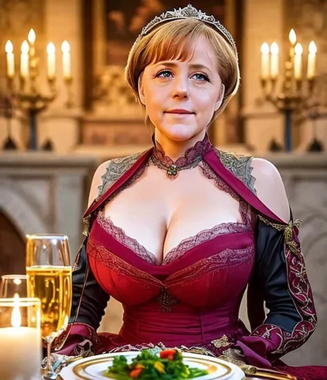 scene with a hot cute aroused beautiful 25 yo (angela merkel:1.1) cleavage wearing a lacy medieval dress in a medieval court feast, royal regalia, close-up
natural lighting, warm, cozy
meticulous, magnificent, maximum details, extremely hyper aesthetic, intricately detailed