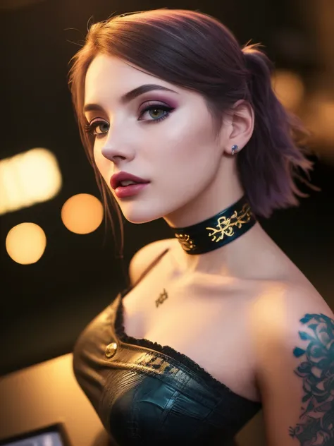 (masterwork:1.1), (photorealism:1.1), ((high angle POV:1.4)), (1girl), (looking up to camera:1.2), whole arm tattoo, flushed, alternative woman, (open mouth), (luxury dress:1.1), golden chocker, detailed photograph, high detailed, HDR, sharp focus, focus on face, medium breasts, dark eyeliner, lipstick, (stay near billiard table), at night, background lights, color photo, shallow depth of field, damp hair, night club light