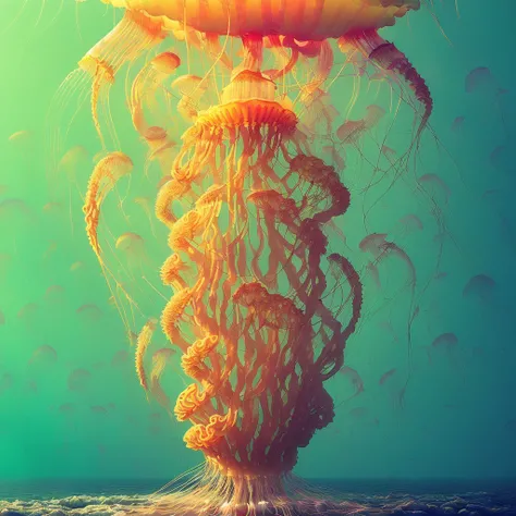 stalenhag, (translucent fractal tree jellyfish with many palps grow from foamed ocean:1.3), (huge entwined knotted tentacles:1.2), (brain organs intestines inside:1.4), shiny wet oiled fiber colorful surface, hyper detailed, artstation, eyes, super mind