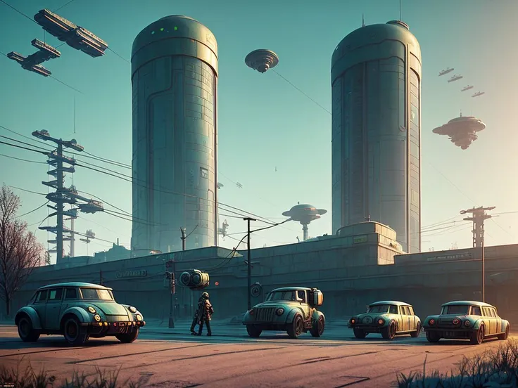retrofuturism, streets of soviet union, utopian future, androids, flying droids, overgrown buildings, winter, evening, 4k, wallpaper,Science Fiction,Lighting,Environmental Concept Art & Design,Digital 3D,Character Modeling,3D,realistic,textures,cgi,environment,((Simon Stalenhag)),concept,Environmental Concept Art & amp Design,scifi