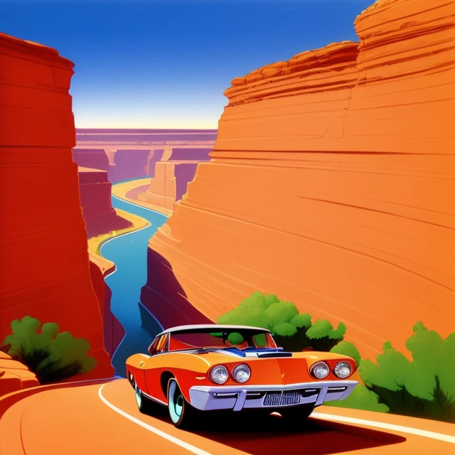 the car rushes through the canyon, artwork by artist Chuck Jones