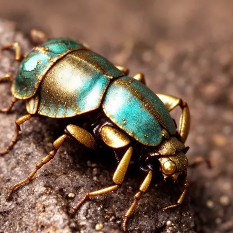 shiny nacre pearl bug, old destroyed parts of rust, (spares colorfully:1.3), photo, cinematic