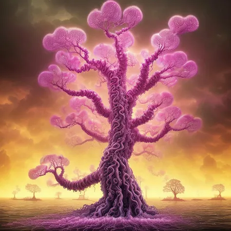 stalenhag, (translucent fractal tree with many palps grow from foamed ocean:1.3), (huge entwined knotted tentacles:1.2), (brain organs intestines inside:1.4), shiny wet oiled fiber colorful surface, hyper detailed, artstation, eyes, super mind, huge rainbow clouds