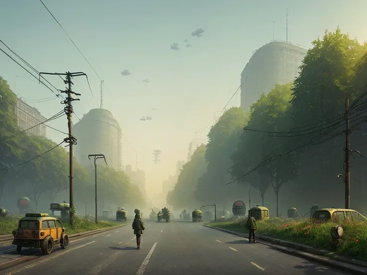 street of soviet union, overgrown with greenery buildings, summer, sunrise, fog, 4k, wallpaper,Science Fiction,Lighting,Environmental Concept Art & Design,Digital 3D,Character Modeling,3D,realistic,textures,cgi,environment,((Simon Stalenhag)),concept,Environmental Concept Art & amp Design,scifi