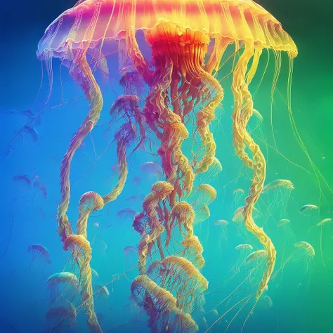 stalenhag, (translucent fractal tree jellyfish with many palps grow from foamed ocean:1.3), (huge entwined knotted tentacles:1.2), (brain organs intestines inside:1.4), shiny wet oiled fiber colorful surface, hyper detailed, artstation, eyes, super mind