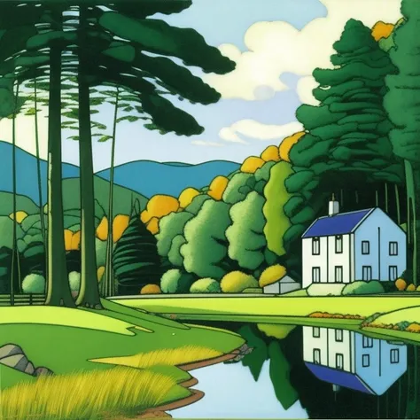 Landscape a lonely house in the forest on the river bank, artwork by artist Charles Rennie Mackintosh