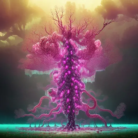 stalenhag, (translucent fractal tree with many palps grow from foamed ocean:1.3), (huge entwined knotted tentacles:1.2), (brain organs intestines inside:1.4), shiny wet oiled fiber colorful surface, hyper detailed, artstation, eyes, super mind, huge rainbow clouds
