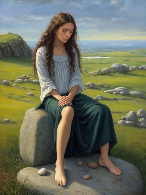 sorrowful woman from first year after christ, by rutkowski, full body, sitting on the stone, after crying, close up,   (oil painting), ((large brush strokes)), blue-sky mantle, early sunrise, digital, green grass, black rocks, bare feet, brown curly long hair,Digital 2D,Realism,Illustration,Fantasy,oil,brushes