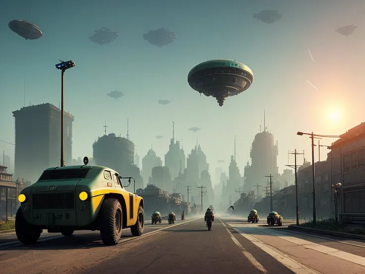 cats pov, streets of soviet union, utopian future, androids,  flying droids, flying cars,overgrown buildings, summer, sunrise, fog, 4k, wallpaper,Science Fiction,Lighting,Environmental Concept Art &amp; Design,Digital 3D,Character Modeling,3D,realistic,textures,cgi,environment,((Simon Stalenhag)),concept,Environmental Concept Art &amp; amp Design,scifi