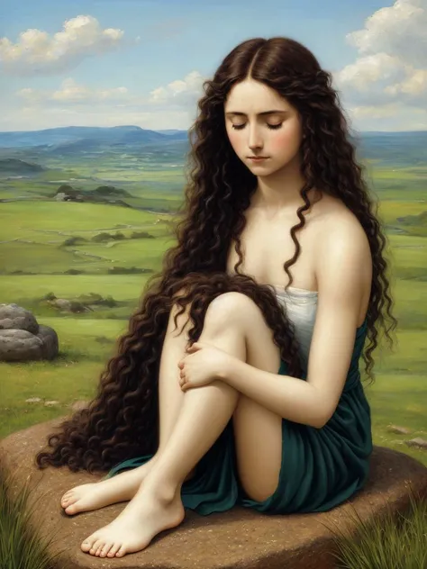 sorrowful woman from first century after christ, full body, sitting on the stone, after crying, close up,   oil painting, blue-sky mantle, procreate, digital, green grass, black rocks, evening, large brush strokes, bare feet, brown curly long hair