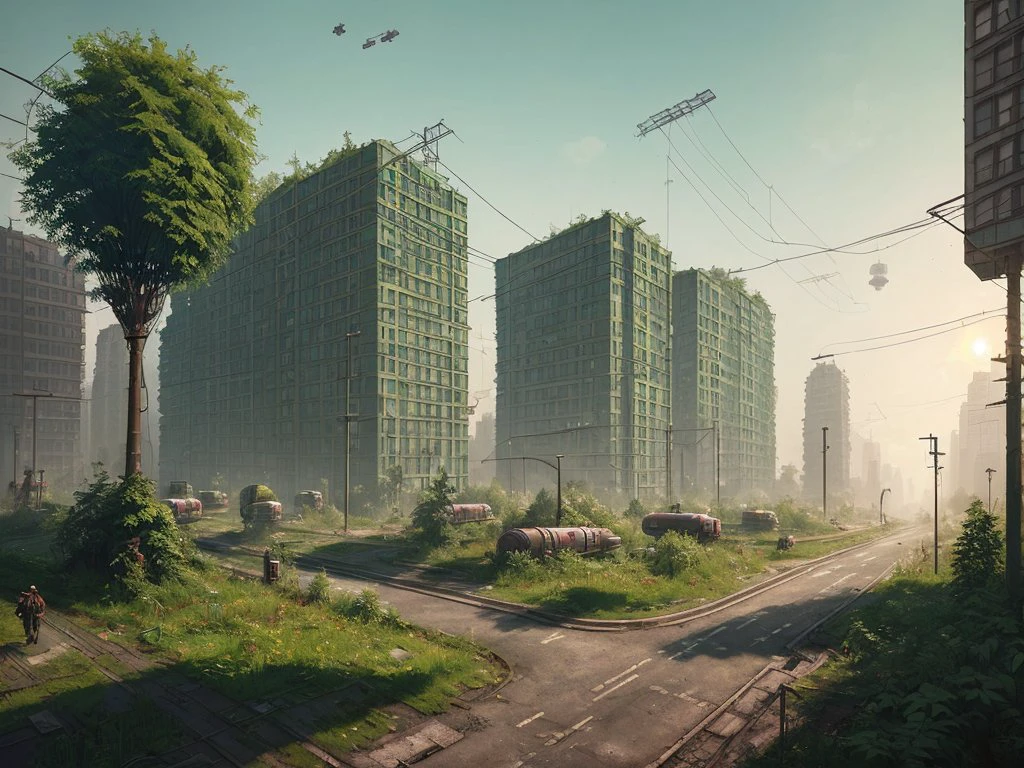 street of soviet union abandoned city, overgrown with greenery buildings, summer, sunrise, 4k, wallpaper,Science Fiction,Lighting,Environmental Concept Art & Design,Digital 3D,Character Modeling,3D,realistic,textures,cgi,environment,((Simon Stalenhag)),concept,Environmental Concept Art & amp Design,scifi