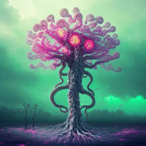 stalenhag, (translucent fractal tree with many palps grow from foamed ocean:1.3), (huge entwined knotted tentacles:1.2), (brain organs intestines inside:1.4), shiny wet oiled fiber colorful surface, hyper detailed, artstation, eyes, super mind, huge rainbow clouds