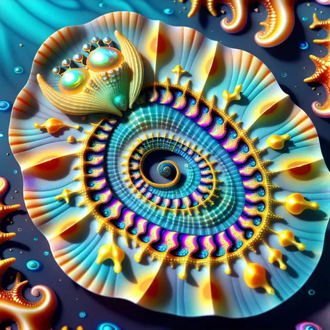 giant ocean twisted Mandelbrot fractal shell, golden pearl nacre, ultra details, artstation, octane renderer, (colorfully fine pimples:1.3), on sand seabed