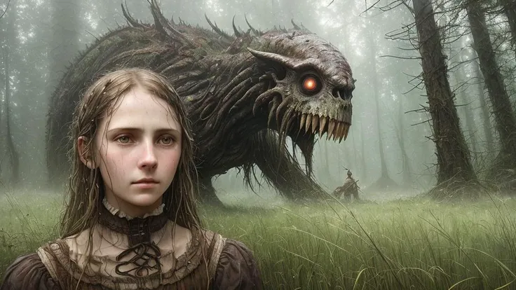 (extreme close-up) photo of a scared (19th century girl:1.2), (rainy forest:0.9), (tall grass:1.2), (giant old dead alien monster in the background:1.1), wet, sunrays, insane details, cinematic, epic realistic, intricate details, hyperdetailed, high quality, RAW, by Jakub Rozalski