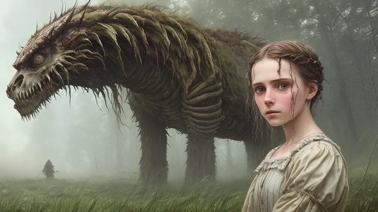 (extreme close-up) photo of a (scared:1.1) (19th century girl:1.2), (rainy forest:0.9), (tall grass:1.2), (giant old dead alien monster in the background:1.2), wet, sunrays, insane details, cinematic, epic realistic, intricate details, hyperdetailed, high quality, RAW, hdr, by Jakub Rozalski