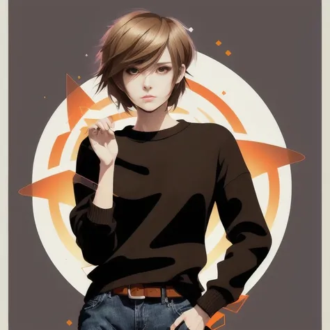 8K, beautiful sexy girl twenty-five year old girl in a wide sweater, full-length model shooting, (((masterpiece))), wallpaper, anime style, manga style, young guy artist ((with short hair on the sides, light brown color , long bangs back)) dressed in a black shirt and jeans creates magic with a drawing bone , magic background, magic runes, high detail, clear light, clear shapes, five fingers, (((Illustrator))) full-length, 75mm lens, ArtStation