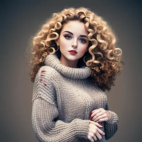 8K, beautiful sexy girl a twenty-five-year-old girl with curls in a wide sweater, the model is light and