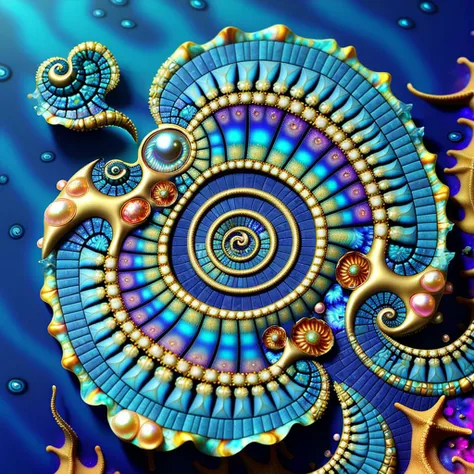 giant ocean twisted Mandelbrot fractal shell, golden pearl nacre, ultra details, artstation, octane renderer, (colorfully fine pimples:1.3), on sand seabed