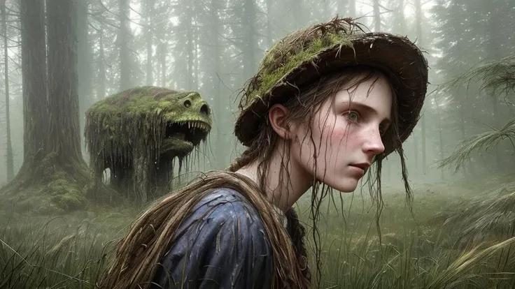 (extreme close-up) photo of a (scared:1.1) (19th century girl:1.2), (rainy forest:0.9), (tall grass:1.2), giant old dead alien monster in the (background:1.2), wet, sunrays, insane details, cinematic, epic realistic, intricate details, hyperdetailed, high quality, RAW, by Jakub Rozalski