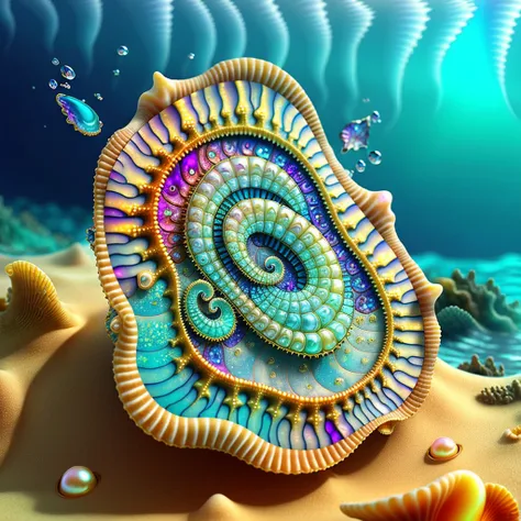 giant ocean twisted Mandelbrot fractal shell, golden pearl nacre, ultra details, artstation, octane renderer, (colorfully fine pimples:1.3), on sand seabed