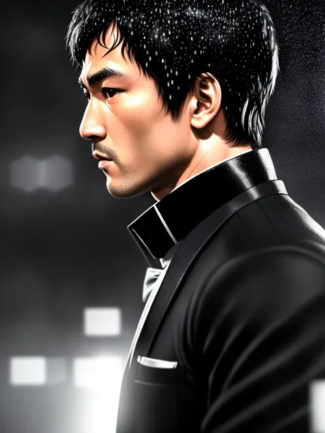 animation style , side view, (Bruce Lee stands under Heavy Rain), close up, atmospheric lights, god rays, perfect male face, ultradetailed, (((wearing black tuxedo))), ((rectangular blocks of transparent ice in the background), smooth, High Detail, soft bokeh background