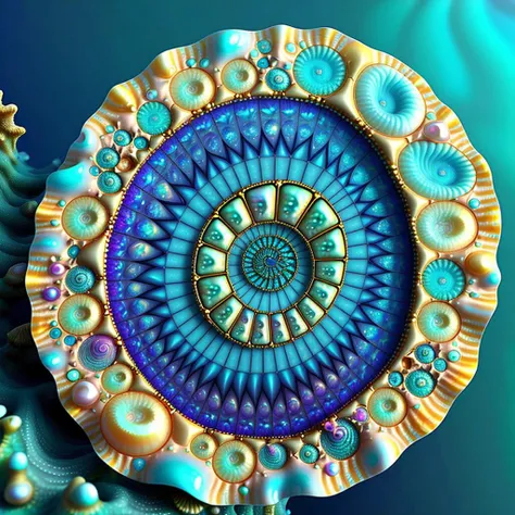 giant ocean twisted Mandelbrot fractal shell, golden pearl nacre, ultra details, artstation, octane renderer, (colorfully fine pimples:1.3), on sand seabed