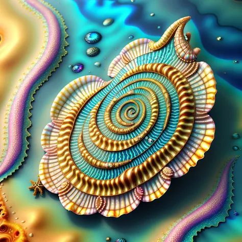 giant ocean twisted Mandelbrot fractal shell, golden pearl nacre, ultra details, artstation, octane renderer, (colorfully fine pimples:1.3), on sand seabed