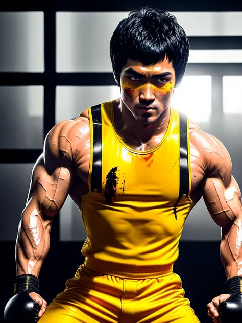 animation style , (Bruce Lee punching bag), (((bloody scar cuts on the face cheek))), atmospheric lights, god rays, in the background weightlifters exercising in the gym, perfect male face, ultradetailed, (wearing bruce lee yellow overalls with black vertical stripes), ((rectangular blocks of transparent ice in the background), (Muscles:1.1), smooth, High Detail, soft bokeh background