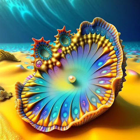 giant ocean twisted Mandelbrot fractal shell, golden pearl nacre, ultra details, artstation, octane renderer, (colorfully fine pimples:1.3), on sand seabed