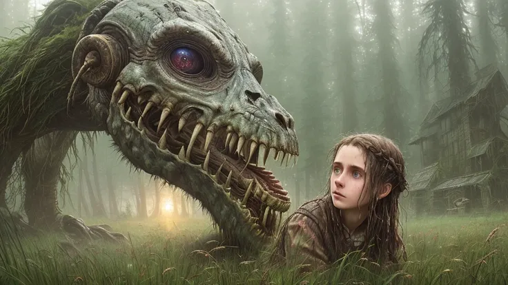 (extreme close-up) photo of a (scared:1.1) (19th century girl:1.2), (rainy forest:0.9), (tall grass:1.2), (giant old dead alien monster in the background:1.2), wet, sunrays, insane details, cinematic, epic realistic, intricate details, hyperdetailed, high quality, RAW, hdr, by Jakub Rozalski