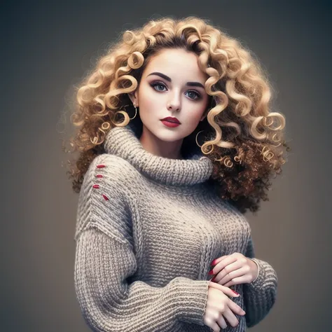 8K, beautiful sexy girl a twenty-five-year-old girl with curls in a wide sweater, the model is light and