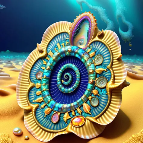 giant ocean twisted Mandelbrot fractal shell, golden pearl nacre, ultra details, artstation, octane renderer, (colorfully fine pimples:1.3), on sand seabed