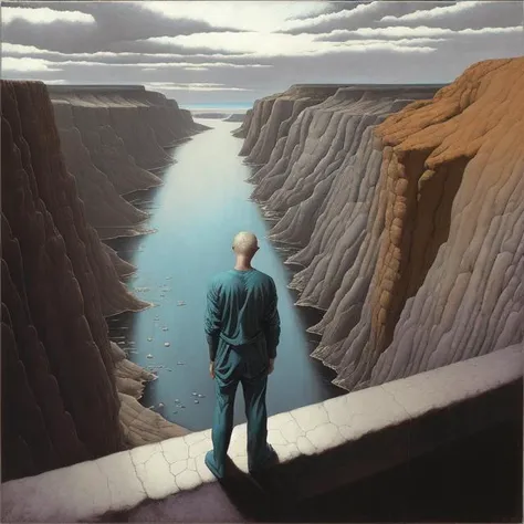 ballpoint pen drawing flashing dry suspension oil cuboid of a Nephilim Figurative concrete textured Chrome Rusty MS-Paint acrylic impasto penknife teal gray brown nacreous clash color collage
A man Stands at the edge of the canyon
exterior moonladen lagoon atmosphere location locale
Chie Yoshii grisaille brunaille Chiaroscuro sfumato impasto
Rockwell Kent Odd Nerdrum