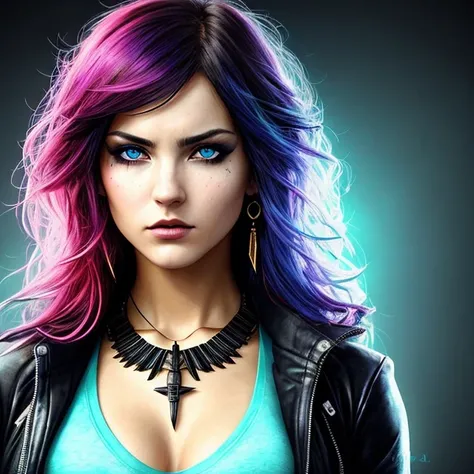 award winning portrait photo of a female rogue assassin, wearing cyberpunk intricate streetwear, (backlighting:1.3), digital painting, concept art, smooth, sharp focus, rule of thirds, dark fantasy,intricate details, medium shot, (shallow depth of field:1.1), by sandra chevrier, Style-Psycho ,redshift style,a portrait of a laughing, (analog style:1.2), sexy, realistic, photo shoot, professional, high contrast, [terminator], 1girl, solo, expressive look, hearts, light blue eyes, detailed eyes, eyes by Ilya Kuvshinov style, sharp pupils, realistic pupils, very long hair, flowing hair, aqua hair, glitter makeup, gloss lips, stud earrings, jewelry, gold necklace, perfect face, upper body, small lips, face shot, (closeup:1.2), (extreme closeup:1.2), cleavage, breast focus, from above, masterpiece, best quality, HDR, viewpoint, highest quality, sharp focus, looking at viewer, facing viewer, 8k, abstract background, colorful background, pink hearts in background, skin pores, intricate skin texture, realistic skin, asymmetrical bangs, hair flaps, button-up shirt, cyan shirt, serafuku, school girl uniform, cardigan, [(colorful explosion psychedelic paint colors:1.2)::0.2], cromulent, cold, dynamic lights, bokeh, glowing background,, complex background, stuff in the background, highly detailed, (((gloomy))), dark, dimmed, hdr, vignette, grimy, [[slate atmosphere]], complex background, stuff in the background, highly detailed, (((gloomy))), dark, dimmed, hdr, vignette, grimy, [[slate atmosphere]]