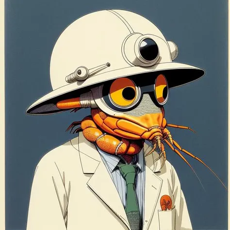 Shigeru Mizuki posuka demizu Sam Kieth portrait of a crayfish squid wearing a helmet whilst wearing a doctor's white coat pisanello Ralph McQuarrie Saul Steinberg