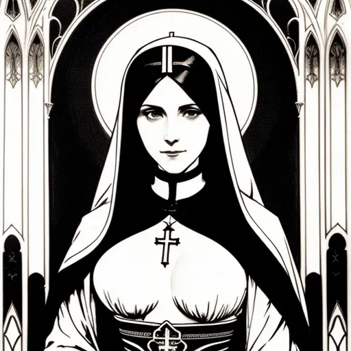 a waist high portrait of a sexy nun, arcane robes, amazing body, village city background, magic, Gothic, evil, occult, dark, disease, depressing,  style of Paul Frst engraving, Adrian Smith, Alphonse Mucha