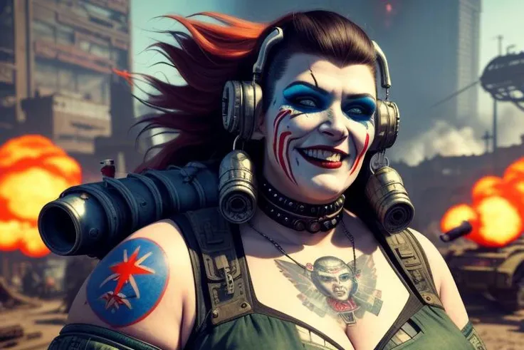 cyberpunk style, a panorama, big USA woman in (((traditional Russian costume))), tattoed hard, [painted face], [intricate chrome texture face], detailed face, insane smile, grenade, complex background, rockets, flying tanks, explosions, ghosts, smoke, toxic gas, highly detailed