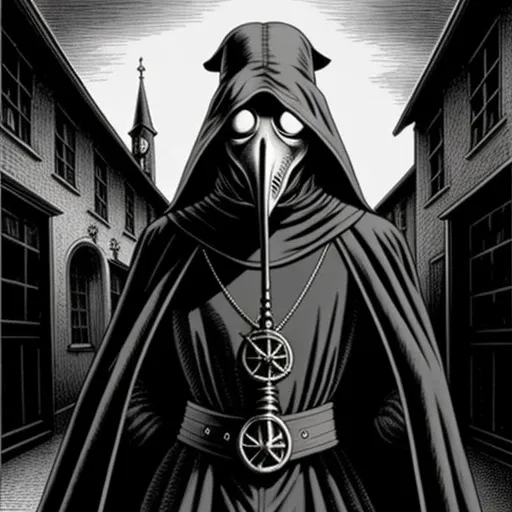 a waist high portrait of a plague doctor, arcane robes, amazing body, village city background, magic, Gothic, evil, occult, dark, disease, depressing,  style of Paul Frst, engraving