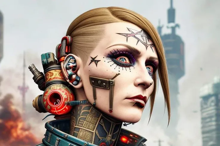 cyberpunk style, a panorama, pretty usa woman in (((traditional Russian costume))), tattoed hard, [painted face], [intricate metal texture face], detailed face, grenade, complex background, rockets, tanks, explosions, smoke, toxic gas, highly detailed