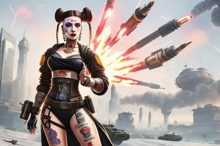  cyberpunk style, a panorama, pretty jewish woman in ((traditional Russian costume)), tattoed, [painted face], grenade, complex background, rockets, tanks, explosions, smoke, highly detailed,