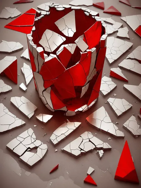 (pieces:1.2), (cracked:1.5), (big cracked holes:1.5), of red vase (shattered:1.2), (shards:1.3) on the floor, side view