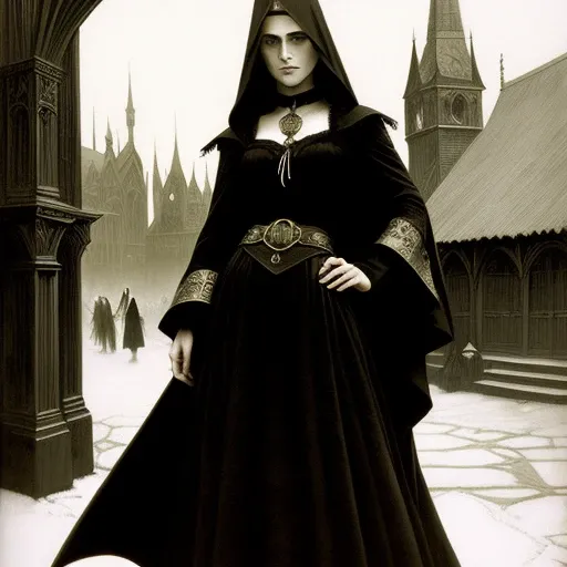a waist high portrait of a female witch, arcane robes, amazing body, village city background, magic, Gothic, evil, occult, dark, disease, depressing, style of Paul Furst engraving, Adrian Smith, Alphonse Mucha
