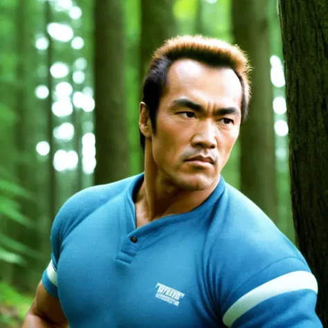 [Bruce Lee from Fist of Fury:Arnold Schwarzenegger from Terminator: 10], full body, aggressive, close up, looking forward,  edge of forest, cinematic shoot, soft blue light