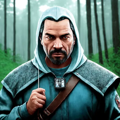 [witcher from witcher wild hunt:cj from GTA SA: 15], full body, close up, looking forward,  edge of forest, cinematic shoot, soft blue light