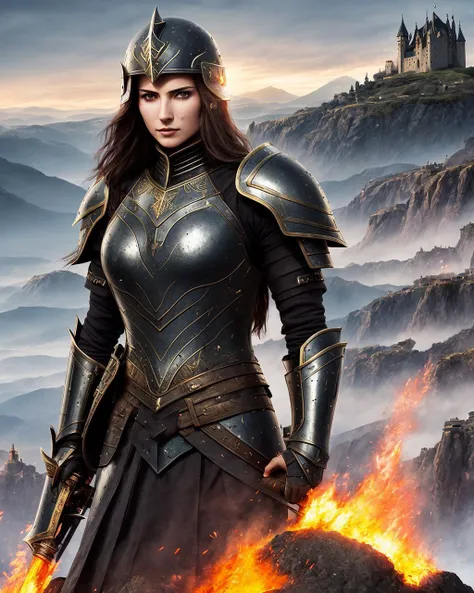 portrait of woman knight wearing (black) armor with thin golden curves, snowy mountains, cracked armor, blood on armor, (painting:0.4), extreme close up, high detailed background, cold cloudy mountains on the background, sword with glowing runic engraving in arm, Standing on the cliff, castle on the background, part of cliff is on foreground, rocks on cliff, turn 3/4, opened helmet, (blood) on face, (injuries:1.2) on face, four third body turn, (scratches:1.3) on armor, damaged armor, (castle is on fire), medium closeup shoot