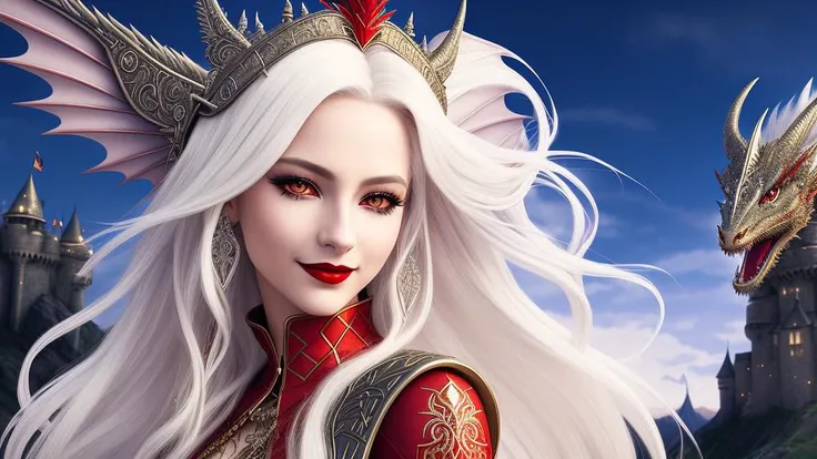 portrait of a woman dragon queen, 20yo, tribal fantasy, long platinum blonde windblown hair and dragon scale wings, dark eyes and red lipstick ,flirting, smiling, castle on background, anime, illustration, cartoon, ((intricate details, hyperdetailed))