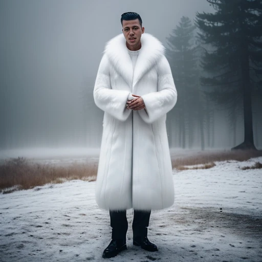medium shot, professional photo of a man ((in white fluffy fox fur coat)), slate atmosphere, fog, mist, post-apocalyptic ruins, cinematic, (low-key lighting, dimly light)